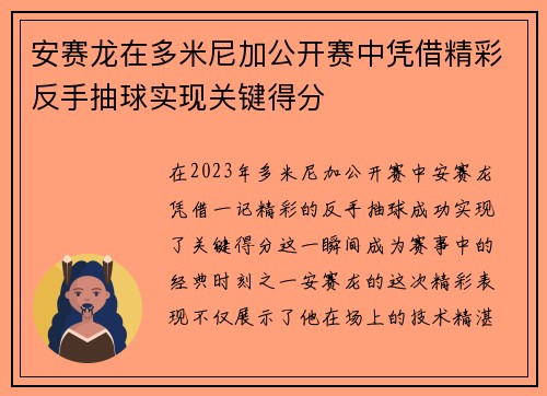 安赛龙在多米尼加公开赛中凭借精彩反手抽球实现关键得分