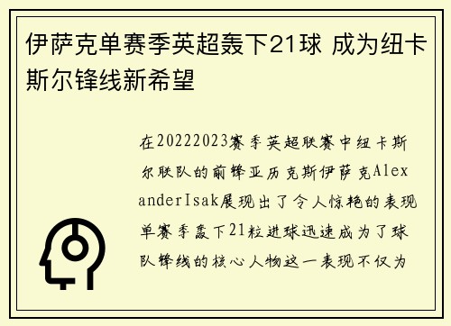 伊萨克单赛季英超轰下21球 成为纽卡斯尔锋线新希望